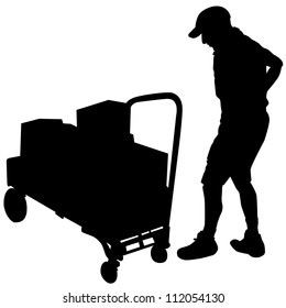 An image of a delivery man and cart with boxes.