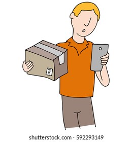 An image of a Deliveryman Using Phone App to track a package.