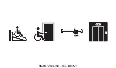 Image depicting accessibility features such as ramps, elevators, and assistance devices designed for individuals with disabilities.