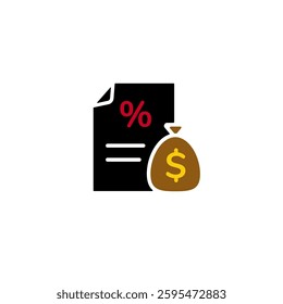 Image depicting a financial document symbol with percentage sign next to a money bag icon.
