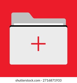 Una Imagen que representa un ícono de carpeta con un signo más rojo, que indica la creación de una nueva carpeta. La carpeta se muestra en un estilo minimalista con una pestaña gris y un cuerpo blanco sobre un fondo rojo.