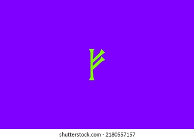 image depicting a rune in the center on a purple background and a green subject, in this case the rune is Fehu