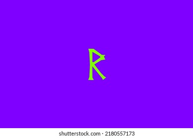 image depicting a rune in the center on a purple background and a green subject, in this case the rune is Raido