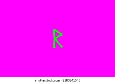 image depicting a rune in the center on a fuchsia background and a green subject, in this case the rune is Raido