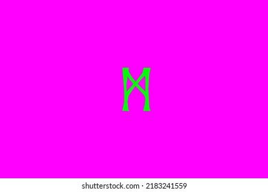 image depicting a rune in the center on a fuchsia background and a green subject, in this case the rune is Mannaz