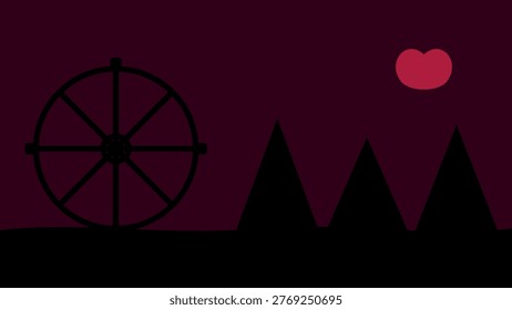 An image depicting the silhouette of a large ferris wheel on the left side, with a dusky, reddish sky background. In the distance, there are three dark, triangular mountains and a red heart-shaped balloon floating in the sky on the right side.