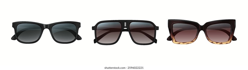 Image depicting three distinct styles of sunglasses: classic black, square modern, and elegant cateye frames. Each design showcases unique characteristics, suitable for various fashion preferences.