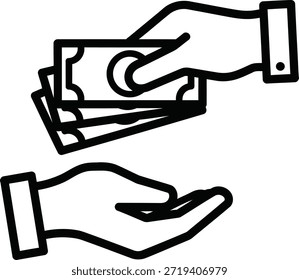 An image depicting two hands exchanging a stack of money. The illustration emphasizes the act of giving or receiving money, possibly indicating a financial transaction or exchange.