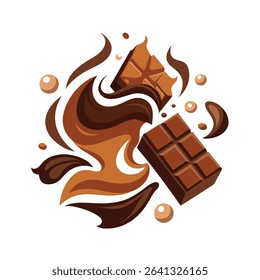 The image depicts an abstract representation of melting chocolate. Two chocolate bars are shown one partially broken, amidst swirling dark 