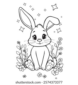 The image depicts an adorable cartoon bunny sitting upright with one ear perked up and the other flopped over. The bunny has large, expressive eyes and a cute, friendly smile. Its paws rest gently on 