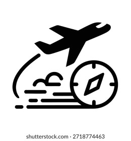 A imagem retrata um avião em pleno voo, voando acima de uma formação de nuvens. Abaixo do avião, há uma bússola indicando a direção. O avião é ilustrado de forma estilizada, enfatizando seu movimento e viagem. A bússola sugere navegação e viagens, destacando o tema da exploração e aventura.