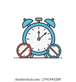 The image depicts an alarm clock with two prohibition symbols crossed over it, one in red and one in blue. The alarm clock is illustrated in a simple, flat design with a turquoise color scheme. The crossed-out symbols suggest a concept related to time management, restrictions, or limitations on time usage. The clock hands indicate a specific time, but the exact time is not clear from the image alone.