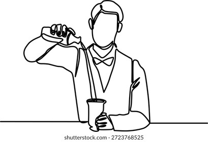 A imagem mostra um garçom no processo de servir uma bebida. O barman está vestido com um uniforme formal, completo com uma gravata e um avental, e está segurando um coquetel em uma mão enquanto despeja a bebida em um copo mantido na outra mão. A cena é ambientada em um simples fundo, enfatizando as ações do barman.