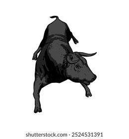 La Imagen representa un toro negro con cuernos curvos, de pie en sus dos patas delanteras. El toro parece musculoso, fuerte y robusto, dando una impresión de poder y resistencia.