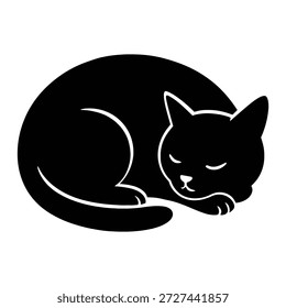 La Imagen muestra a un gato negro durmiendo pacíficamente. El gato está acurrucado en una posición relajada con los ojos cerrados, lo que sugiere que está en un sueño profundo. La silueta del gato está delineada en blanco, haciendo que se destaque sobre un fondo liso.
