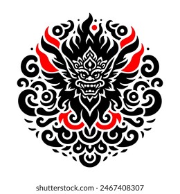 The image depicts a black, intricate a mythical creature with fierce facial features, elaborate headgear, large wings, and swirling cloud-like patterns surrounding it.