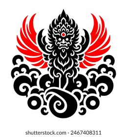 The image depicts a black, intricate a mythical creature with fierce facial features, elaborate headgear, large wings, and swirling cloud-like patterns surrounding it.