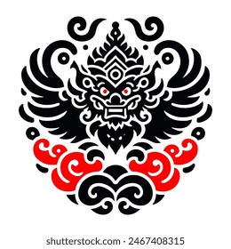 The image depicts a black, intricate a mythical creature with fierce facial features, elaborate headgear, large wings, and swirling cloud-like patterns surrounding it.