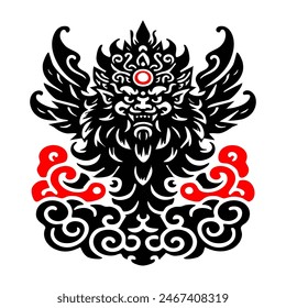 The image depicts a black, intricate a mythical creature with fierce facial features, elaborate headgear, large wings, and swirling cloud-like patterns surrounding it.