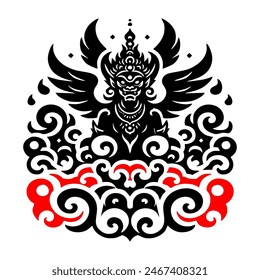 The image depicts a black, intricate a mythical creature with fierce facial features, elaborate headgear, large wings, and swirling cloud-like patterns surrounding it.