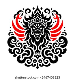 The image depicts a black, intricate a mythical creature with fierce facial features, elaborate headgear, large wings, and swirling cloud-like patterns surrounding it.