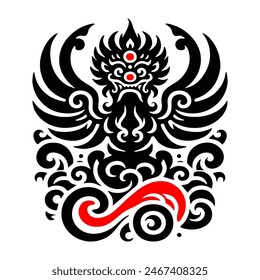 The image depicts a black, intricate a mythical creature with fierce facial features, elaborate headgear, large wings, and swirling cloud-like patterns surrounding it.