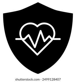 The image depicts a black shield with a white heart and a heartbeat line inside, symbolizing the protection of heart health.	