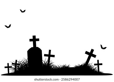 The image depicts a black silhouette of a graveyard against a white background. Several tombstones with crosses are visible, surrounded by grass.