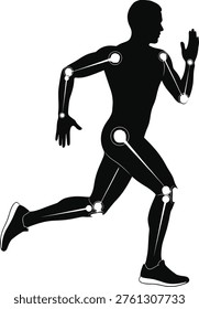 The image depicts a black silhouette of a human body in mid-running motion, overlaid with a robotic exoskeleton structure. The skeletal diagram emphasizes key joints such as the shoulders, elbows, knees, and ankles, suggesting a biomechanical or prosthetic analysis of human movement during running. The design highlights potential points of articulation and mechanical support.