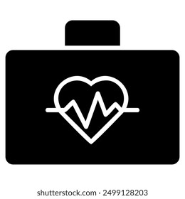 The image depicts a black suitcase with a white heart and heartbeat line inside, symbolizing a medical kit. It represents healthcare, first aid, and emergency preparedness.