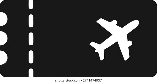 The image depicts a black ticket stub with a white airplane icon on it, set against a plain white background.