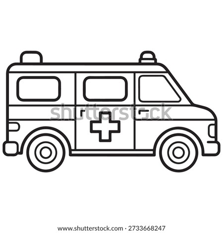 The image depicts a black and white line drawing of an ambulance. The vehicle is characterized by its rectangular shape and prominent medical cross symbol on its side. The ambulance has four wheels, with the front two slightly turned to the left, suggesting it is in motion. The top of the ambulance features a siren light, emphasizing its role in emergency medical services.