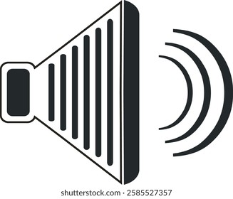 The image depicts a black and white speaker icon with sound waves emanating from it. The design is simple and minimalistic, commonly used to represent audio, volume