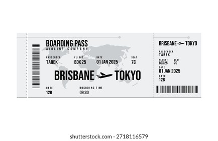 La Imagen muestra una tarjeta de embarque para un vuelo de Brisbane a Tokio el 1 de enero de 2025.