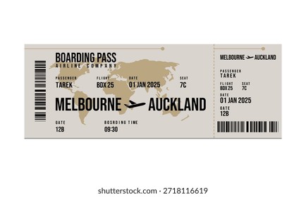 Bild zeigt eine Bordkarte für einen Flug zwischen Melbourne und Auckland mit Fluginformationen.