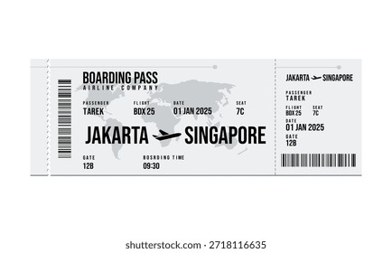 La Imagen muestra una tarjeta de embarque para un vuelo que sale de Yakarta y llega a Singapur.