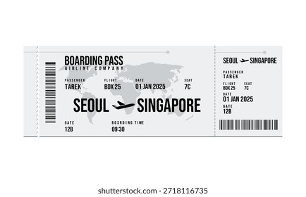 La Imagen muestra una tarjeta de embarque para un vuelo que viaja de Seúl a Singapur en enero de 2025.