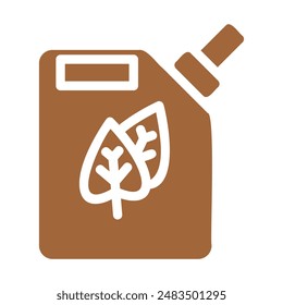 The image depicts a brown container with a spout, resembling a fuel canister. It features a prominent white leaf symbol, suggesting the contents are biofuel.