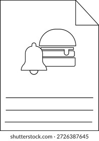 La Imagen representa un ícono de hamburguesa y campana en una hoja con líneas que indican un concepto de notificación o pedido de alimentos