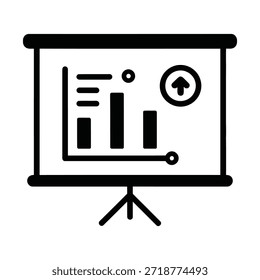 La Imagen representa una presentación de negocios que se muestra en una pantalla de proyector. Incluye gráficos de barras, un gráfico de líneas y un icono de flecha hacia arriba, que indica crecimiento o mejora. La presentación parece centrarse en el análisis de datos y el rendimiento empresarial.