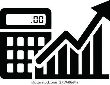 La Imagen representa una calculadora con un gráfico ascendente que emerge de ella, simbolizando el crecimiento financiero o el aumento de las ganancias. La calculadora se muestra en un estilo simplificado, similar a un icono, con una pantalla digital en la parte superior. Las líneas del gráfico son ascendentes, enfatizando las tendencias positivas.