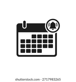 A imagem mostra um calendário com um ícone de sino de notificação. O calendário tem um layout de grade típico com dias do mês, e o ícone de sino significa um alerta ou lembrete. Esta imagem é normalmente usada para representar agendamento, lembretes ou datas importantes.