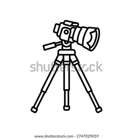 The image depicts a camera securely attached to a tripod, featuring a lens with multiple elements and a flash unit on top. The tripod has three extendable legs with adjustable feet, providing stability for capturing steady photos or videos.
