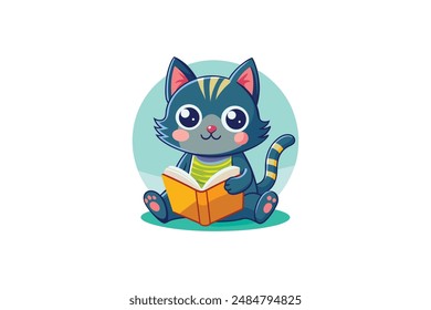 La Imagen representa una caricatura de un gato gris con rayas en la cabeza y la cola. El gato está sentado leyendo un libro abierto. Tiene ojos Grandes, una nariz rosa Pequeña, y lleva una expresión de contenido....