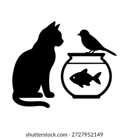 La Imagen representa a un gato sentado atentamente junto a una pecera. Dentro de la pecera, hay un solo pez nadando. Encaramado en el borde de la pecera hay un ave. La escena es una silueta en blanco y negro, enfatizando las Formas y posiciones del gato, el pájaro y el pez.