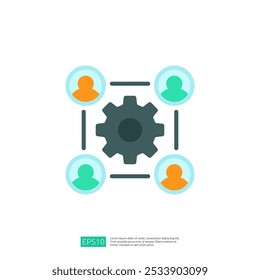 The image depicts a central gear surrounded by four user icons, symbolizing collaboration and teamwork in a business or technological context.