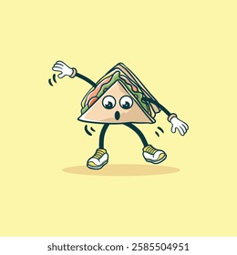 The image depicts a cheerful cartoon sandwich character dancing with surprised expression and wearing shoes and gloves.