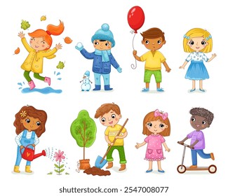 The image depicts cheerful children enjoying outdoor activities like playing with leaves, watering flowers, riding a scooter, and holding balloons, dressed in colorful clothes .