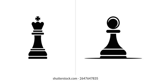 A imagem retrata as peças de xadrez, um rei e um peão, em preto contra um fundo branco sólido. O rei fica à esquerda, o peão fica à direita.