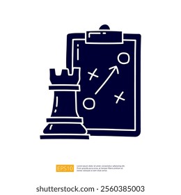 The image depicts a chess rook next to a clipboard featuring strategic game moves, symbolizing planning and tactics in chess.